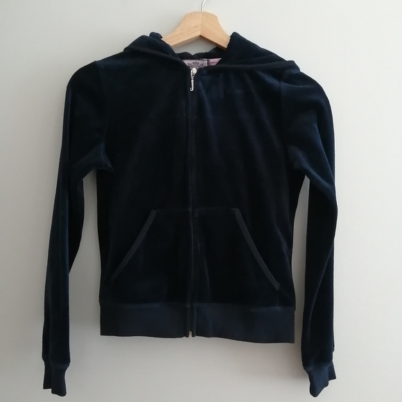 Juicy Couture Genuine Y2K Zip Up Rhinestone Embellished Back Navy and Gold Small - Picture 2 of 13